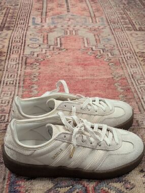 Adidas Off-White Suede Gazelle Sneakers with Gold Accent